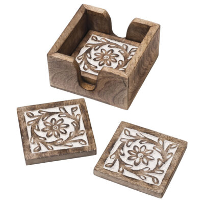Namaste set of 4 hand carved daisy coasters shown with the storage tray