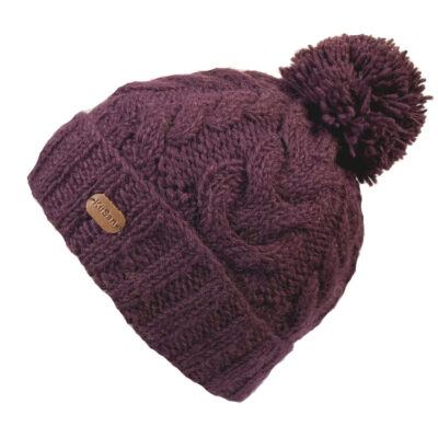Kusan Bobble Hat Cable Turn Up Berry Red