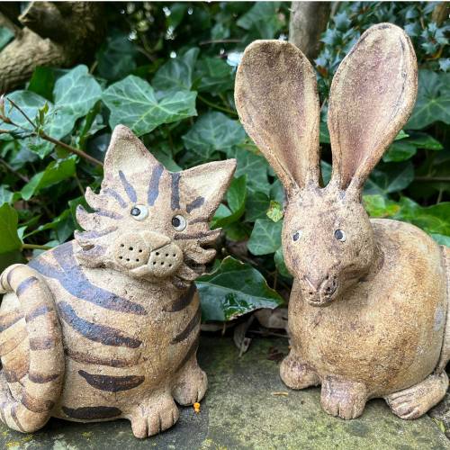 Sue Jenkins garden pottery a cat and a hare