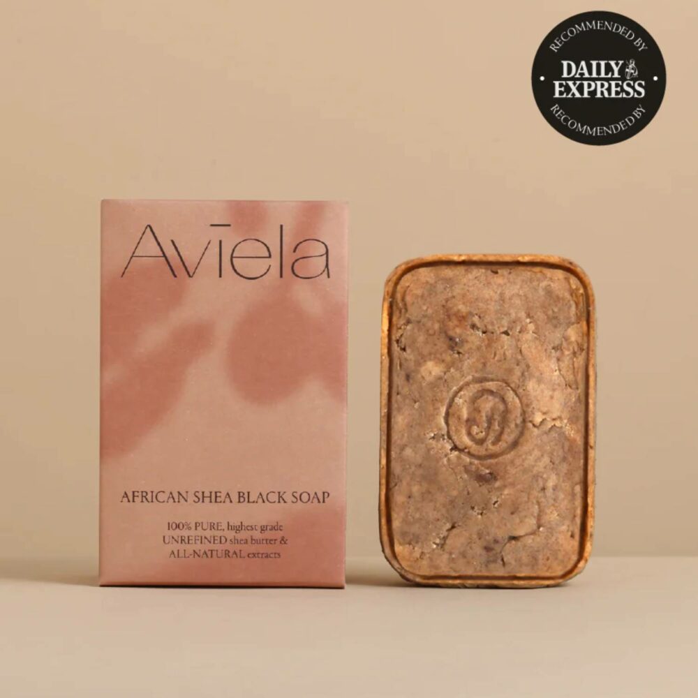 Aviela Shea Black Soap packet and soap image.