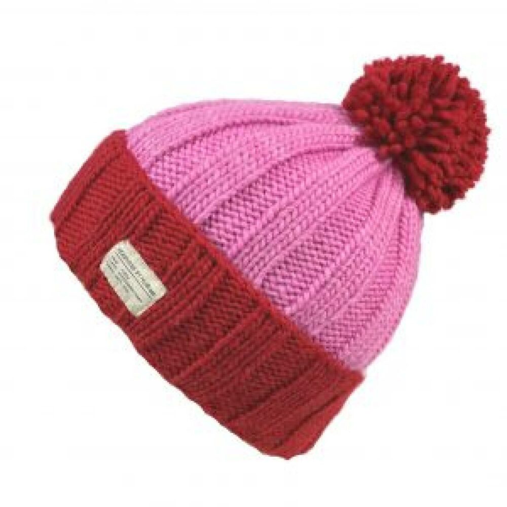 red and pink turn up bobble hat