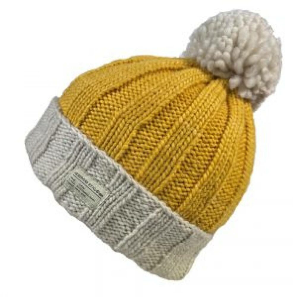 yellow and grey bobble hat