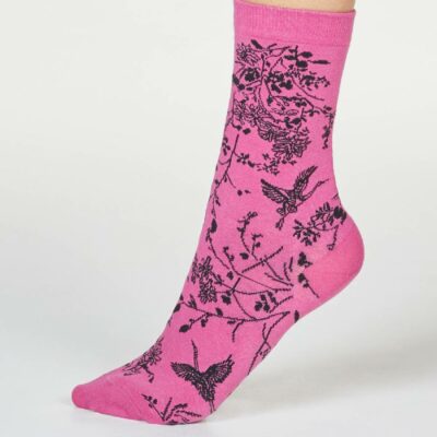 Thought Fina Bird sock violet pink shown on extended foot