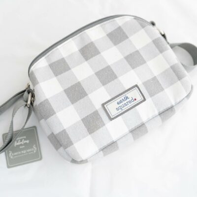 Earth Squared Cotton half moon bag grey and white check