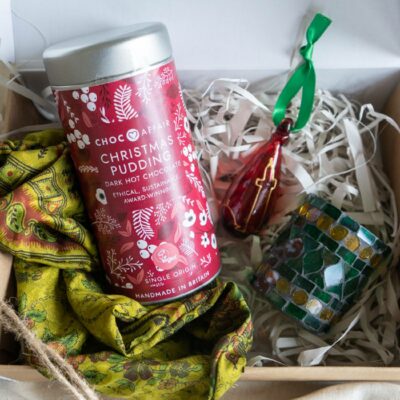 Festive Gift Hamper with Bethlehem Bauble, hot chocolate, sari bag and stained glass votive