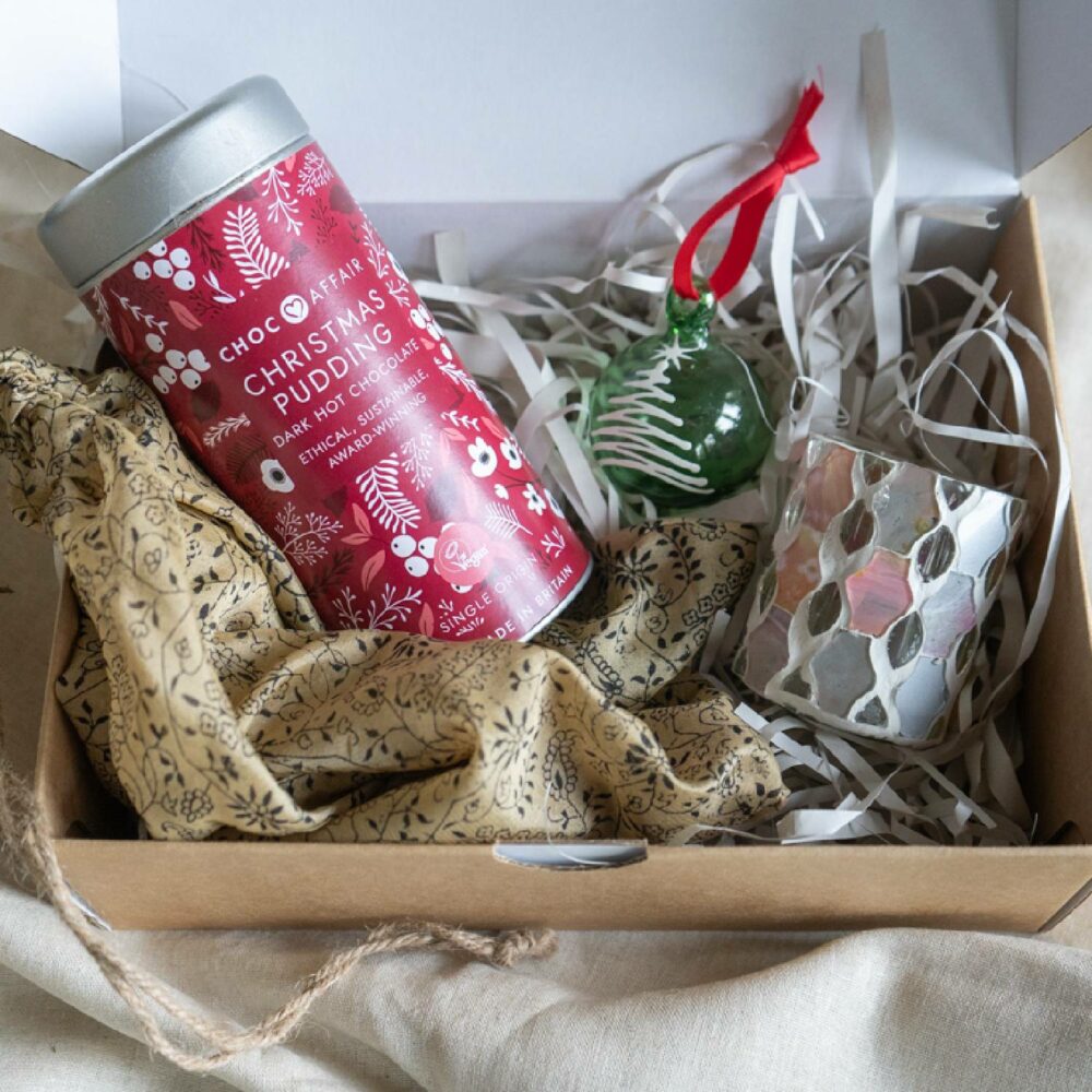 Festive Gift Hamper with Bethlehem Bauble, hot chocolate, stained glass votive and sari bag