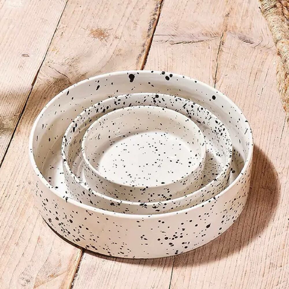 Nkuku Ama Ceramic Pet Bowls shown nested inside each other