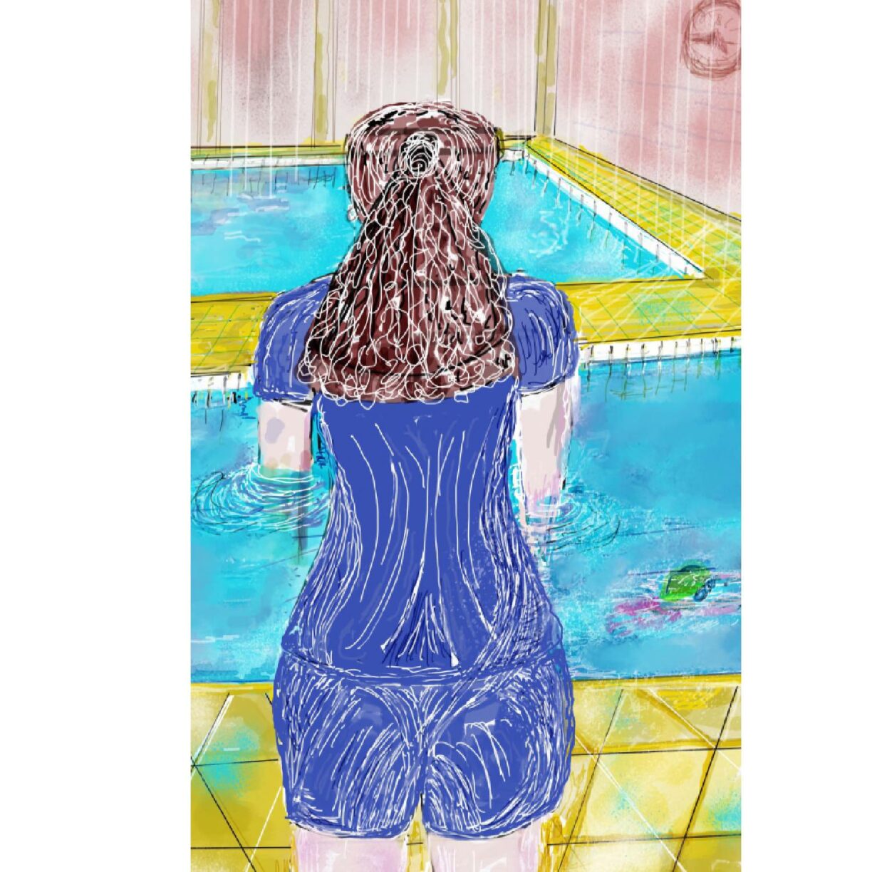 Example of Indie's work, print showing the back of a girl standing by a pool