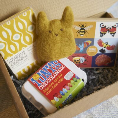 Spring into Spring Hamper with chocolate eggs, bunny egg cosy, notepad and seedbox